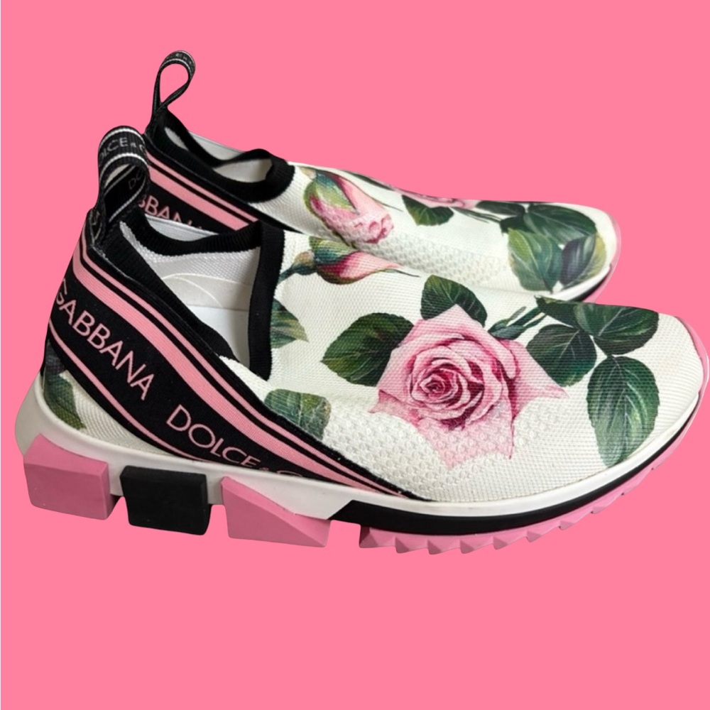 Authentic Dolce & Gabbana Women's Floral Sneakers - White, Pink, Black.